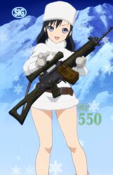  absurdres anime_screenshot assault_rifle bad_link black_hair blue_eyes coat female fur_coat fur_hat gun gun_sling hat highres legs mittens mountain open_mouth photoshop_(medium) pointing pointing_at_viewer product_placement rifle scope sg550_(upotte!!) sig_sauer sig_sg550 smile snowflakes stitched third-party_edit upotte!! weapon 