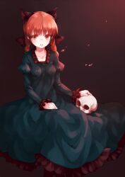  animal_ears bow braid breasts cat_ears commentary_request dress extra_ears female green_dress junwool kaenbyou_rin long_hair medium_breasts red_eyes red_hair short_hair sitting skull solo touhou twin_braids 