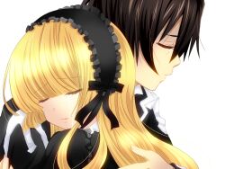  1boy bad_id bad_pixiv_id blonde_hair chin_strap close-up closed_eyes female gosick hairband harugamitsu holding hug kujou_kazuya light_smile lolita_fashion profile sad tears victorica_de_blois white_background 