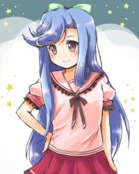  blue_hair female hoshizora_e_kakaru_hashi purple_eyes school_uniform skirt smile star toudou_kasane 