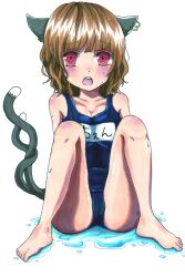  animal_ears bad_id bad_pixiv_id barefoot blush cat_ears chen feet female highres nemuta_muu no_headwear one-piece_swimsuit open_mouth puddle school_swimsuit sitting solo swimsuit touhou water wet 