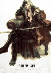  1boy chair commentary_request copyright_name crossed_legs easy_chair final_fantasy final_fantasy_vii green_eyes hand_on_own_face j_(onose1213) katana long_hair sephiroth sitting sword weapon white_hair 