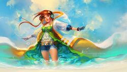  banned_artist belt blue_sky cloud colorful day denim denim_shorts digital_media_player fantasy gloves headphones highres ipod long_hair looking_at_viewer orange_hair original sakimichan shorts sky smile solo wading water watermark 