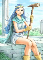  blue_eyes blue_hair boots cape circlet commentary_request dragon_quest dragon_quest_iii female gloves lips long_hair sage_(dq3) sitting solo staff taruya 