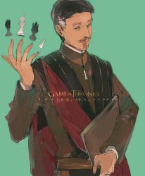  1boy a_song_of_ice_and_fire animification bad_id bad_pixiv_id black_hair book cape chess_piece copyright_name english_text facial_hair game_of_thrones green_background green_eyes grey_hair male_focus moustache petyr_baelish photoshop_(medium) sash simple_background solo wavesheep 