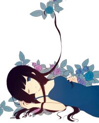  ayu_(mog) bad_id bad_pixiv_id bare_shoulders black_hair blue_eyes dress female flower long_hair lying one_eye_closed original smile solo strap_slip 