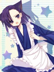  animal_ears apron blue_eyes female japanese_clothes mahou_sensei_negima! open_mouth purple_hair sakurazaki_setsuna star 