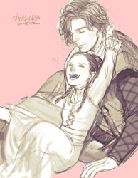  1boy a_song_of_ice_and_fire animification arya_stark brother_and_sister closed_eyes commentary_request dress female hug j_(onose1213) jon_snow long_hair open_mouth short_hair short_twintails siblings sitting smile twintails 