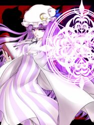  blush book bow breasts cofi_(eternal) commentary_request crescent dress female hairbow hat hong_meiling long_hair magic_circle open_mouth partial_commentary patchouli_knowledge purple_eyes purple_hair ribbon rumia shadow small_breasts solo striped touhou vertical_stripes 