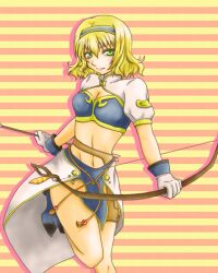  blonde_hair boots bow_(weapon) breasts cleavage cosplay female gloves green_eyes hairband judith judith_(cosplay) midriff natalia_luzu_kimlasca_lanvaldear skirt tales_of_(series) tales_of_the_abyss tales_of_vesperia weapon 