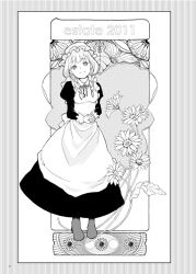  art_nouveau big_sister_maid_(maoyuu) boots braid commentary_request female flower greyscale kingfrogs maid maid_headdress maoyuu_maou_yuusha monochrome smile twin_braids 