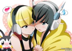  2girls black_hair blonde_hair blue_eyes blush commentary_request dual_persona elesa_(pokemon) emolga eye_contact headphones heart holding_hands interlocked_fingers looking_at_another multiple_girls open_mouth photoshop_(medium) pokemon pokemon_(creature) pokemon_bw pokemon_bw2 selfcest smile spoken_heart spoken_sweatdrop sweatdrop upper_body wavy_mouth yamasaki_wataru yuri 