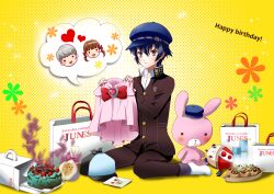  androgynous bad_food bad_id bad_pixiv_id birthday black_eyes blue_hair cabbie_hat cake crossdressing doujima_nanako female food gift hat kuma_(persona_4) machinosuke narukami_yuu persona persona_4 reverse_trap school_uniform shirogane_naoto short_hair stuffed_animal stuffed_rabbit stuffed_toy 