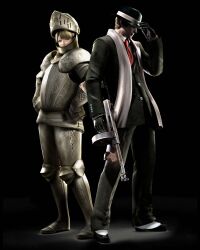  1boy armor ashley_graham capcom female gun highres leon_s_kennedy machine_gun resident_evil resident_evil_4 weapon 