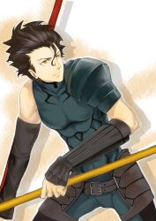  1boy absurdres ahoge belt black_hair commentary_request diarmuid_ua_duibhne_(lancer)_(fate) fate/zero fate_(series) gae_buidhe_(fate) gae_dearg_(fate) highres hongmao male_focus solo yellow_eyes 