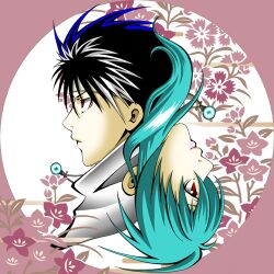  1boy aqua_hair black_hair brother_and_sister circle commentary female flower hiei_(yu_yu_hakusho) lowres megu_(megum56) red_eyes rotational_symmetry siblings yu_yu_hakusho yukina_(yu_yu_hakusho) 