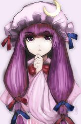  :&lt; arugeri blunt_bangs bow commentary_request crescent dress female hairbow hand_on_own_chin hat long_hair patchouli_knowledge purple_eyes purple_hair solo touhou triangle_mouth tsurime upper_body 