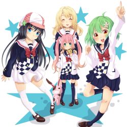  4girls bad_id bad_pixiv_id blonde_hair blue_eyes blush closed_eyes doughnut food green_eyes green_hair hatachi long_hair looking_at_viewer multiple_girls one_eye_closed open_mouth original pink_hair school_uniform short_hair skirt smile socks star_(symbol) stuffed_animal stuffed_toy thighhighs twintails white_socks white_thighhighs yellow_eyes 