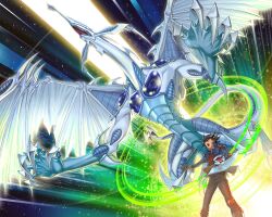  1boy bad_id bad_pixiv_id card claws commentary_request dragon duel_monster fudo_yusei gloves holding holding_card multicolored_hair open_mouth photoshop_(medium) stardust_dragon synchro_summon teeth wings yna yu-gi-oh! yu-gi-oh!_5d&#039;s 