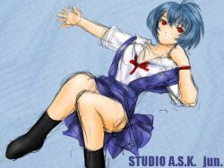  artist_name ayanami_rei blue_hair commentary_request female jun_(studioask) lying neon_genesis_evangelion on_back red_eyes school_uniform short_hair socks solo 