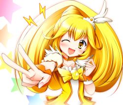  ;d blonde_hair blush bow bowtie brooch choker commentary_request cure_peace eyelashes female hair_flaps hair_ornament happy high_ponytail jewelry long_hair magical_girl one_eye_closed open_mouth orange_bow orange_bowtie orange_choker ponytail precure rainbow_order skirt smile smile_precure solo star_(symbol) taroimo v white_background wide_ponytail wrist_cuffs yayoi_kise yellow_bow yellow_eyes yellow_skirt yellow_theme 