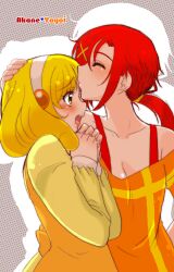  2girls blonde_hair blush casual character_name closed_eyes commentary_request eyelashes hairband hand_on_another&#039;s_head highres hino_akane_(smile_precure!) kissing kissing_forehead multiple_girls open_mouth orange_shirt own_hands_clasped own_hands_together ponytail precure red_eyes red_hair satou_ramune shirt short_hair smile smile_precure surprise_kiss surprised white_hairband yayoi_kise yellow_eyes yuri 