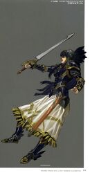  absurdres armor armored_dress black_armor black_hair boots dress feathers female grey_background helmet highres hrist_valkyrie long_hair photoshop_(medium) scabbard sheath skirt solo valkyrie_profile_(series) yoshinari_you 