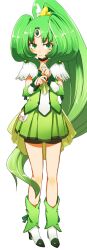  bike_shorts bike_shorts_under_skirt blush choker commentary_request cure_march eyelashes female green_choker green_eyes green_hair green_skirt green_theme high_heels hota long_hair midorikawa_nao precure shoes shy skirt smile_precure solo white_background 