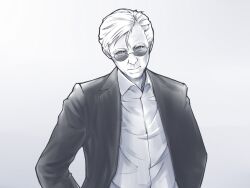  1boy closed_mouth collared_shirt commentary_request csi csi_miami doku_hebi formal grey_background greyscale head_tilt horatio_caine jacket long_sleeves male_focus monochrome open_clothes open_jacket shirt simple_background smile solo suit sunglasses swept_bangs upper_body wing_collar 