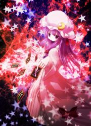  bow capelet card commentary_request crescent dress female hairbow hat izumi_yukiru long_hair open_mouth patchouli_knowledge purple_eyes purple_hair solo star_(symbol) touhou 