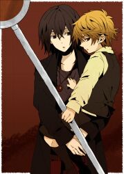  2boys aged_down bad_id bad_pixiv_id blonde_hair brown_hair durarara!! heiwajima_kasuka heiwajima_shizuo jewelry kazumi_(okazumi) male_focus multiple_boys necklace road_sign shorts sign waistcoat 