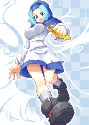  bad_id bad_pixiv_id blue_eyes blue_hair boots bracelet breasts checkered_background dress female hood jewelry kumoi_ichirin medium_breasts naka_akira open_mouth ring short_hair smile solo standing touhou unzan 