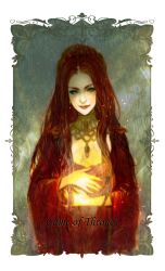  a_song_of_ice_and_fire animification breasts choker cleavage commentary_request copyright_name dress female fire game_of_thrones green_eyes highres hood j_(onose1213) lips long_hair medium_breasts melisandre red_hair smirk solo 