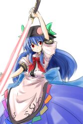  bad_id bad_pixiv_id blue_hair bow commentary_request female food fruit hat hinanawi_tenshi long_hair peach red_eyes simple_background smile solo sword_of_hisou touhou white_background yu-ves 