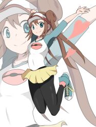  blue_eyes brown_hair double_bun duplicate female hair_bun hat heart jumping long_hair looking_at_viewer lossy-lossless marony pantyhose pixel-perfect_duplicate pokemon pokemon_bw2 raglan_sleeves rosa_(pokemon) skirt smile solo twintails visor_cap zoom_layer 