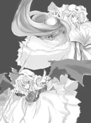  2girls bad_id bad_pixiv_id book commentary_request greyscale long_hair monochrome multiple_girls partial_commentary patchouli_knowledge remilia_scarlet short_hair simple_background touhou yu-ves 