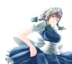  blue_dress bow braid breasts commentary_request dress female grey_hair hairbow highres izayoi_sakuya large_breasts looking_at_viewer maid maid_headdress red_eyes sash solo tama_(speedgrapher) touhou twin_braids white_background 