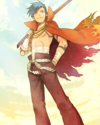  1boy bad_id bad_pixiv_id bandages blue_hair cape commentary_request kamina_(ttgl) male_focus midriff_sarashi photoshop_(medium) red_eyes sarashi sky solo sword tattoo tengen_toppa_gurren_lagann topless_male weapon zukki_(suzukio) 