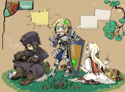  1boy 2girls armor armored_dress artoria_pendragon_(fate) avalon_(fate/stay_night) bag bandages black_hair blonde_hair boots brown_background cleaning cleaning_gun cleaning_weapon commentary_request cosplay emiya_kiritsugu fate/zero fate_(series) gloves gun gunner_(sekaiju) gunner_(sekaiju)_(cosplay) handgun hat irisviel_von_einzbern long_hair male_focus medic_(sekaiju) medic_(sekaiju)_(cosplay) multiple_girls paladin_(sekaiju) paladin_(sekaiju)_(cosplay) parody plant saber_(fate) sekaiju_no_meikyuu sekaiju_no_meikyuu_2 shield short_hair smoke smoking thompson/center_contender tree vines weapon yasuko_(kingugidora) 