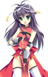  :d bad_id bad_pixiv_id bare_shoulders blush bow commentary_request female fingerless_gloves frills gauntlets gloves green_eyes groin hair_ribbon highres long_hair lyrical_nanoha magical_girl mahou_shoujo_lyrical_nanoha_vivid oerba_yun_fang open_mouth pelvic_curtain purple_hair raiou ribbon rio_wezley smile solo thighhighs 