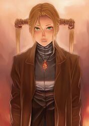  blonde_hair bugfix coat commentary female green_eyes jewelry overcoat pendant robin_sena solo turtleneck upper_body witch_hunter_robin 