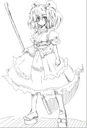  bad_id bad_pixiv_id commentary_request female greyscale monochrome onozuka_komachi scythe simple_background smile solo touhou white_background yu-ves 