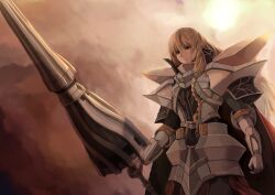  ao_no_kiseki arianrhod_(eiyuu_densetsu) armor bad_id bad_pixiv_id blonde_hair braid eiyuu_densetsu exfeet expressionless female gloves green_eyes huge_weapon lance long_hair pauldrons polearm shoulder_armor solo weapon 