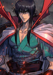  1boy black_hair cape cloak closed_mouth dougi green_shirt hakama high_collar hiko_seijuurou hungry_clicker japanese_clothes looking_at_viewer male_focus muscular muscular_male rurouni_kenshin shirt short_sleeves sidelocks solo 