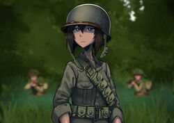  2others belt blue_eyes blurry blurry_background brown_hair combat_helmet commentary dark_skin english_commentary erica_(naze1940) female foliage grass gun helmet holding holding_weapon long_sleeves m1_helmet military military_uniform multiple_others nature original parted_lips pocket rifle short_hair soldier solo_focus tall_grass the_thin_red_line uniform upper_body utility_belt weapon world_war_ii 