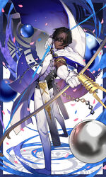  1boy agni_gandiva arjuna_(fate) bow_(weapon) brown_eyes brown_hair cape dark-skinned_male dark_skin fate/grand_order fate_(series) fighting_stance full_body gloves greetload hair_between_eyes highres holding holding_bow_(weapon) holding_weapon indian_clothes long_sleeves looking_at_viewer male_focus pants photoshop_(medium) short_hair solo weapon white_cape white_gloves white_pants 