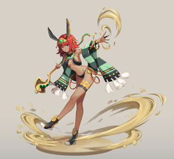  absurdres ankh ankh_earrings blue_eyes breasts dark-skinned_female dark_skin earrings egyptian female full_body gold headband highres holding holding_staff jewelry looking_at_viewer navel original red_hair redlagon revealing_clothes sand short_hair small_breasts solo staff thigh_strap usekh_collar 