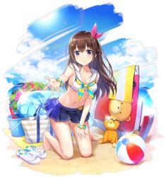  amagai_tarou ankimo_(tokino_sora) azur_lane bag ball bare_legs bare_shoulders barefoot beachball bikini bikini_top_only blue_eyes blue_skirt breasts brown_hair bucket cleavage cloud collarbone day female floral_print flower hair_flaps hair_ornament hair_ribbon halterneck hololive innertube kneeling long_hair looking_at_viewer medium_breasts miniskirt navel neckerchief official_alternate_costume official_art outstretched_arm pleated_skirt red_ribbon ribbon sailor_bikini sailor_collar sandals skirt smile solo star_(symbol) star_hair_ornament stomach stuffed_animal stuffed_toy sunglasses sunlight swim_ring swimsuit teddy_bear tokino_sora tokino_sora_(hololive_summer_2019) transparent_background unworn_sandals virtual_youtuber white_bikini white_sailor_collar wristband 