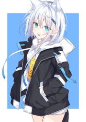  :p animal_ear_fluff animal_ears aqua_eyes chroemaguro extra_ears female hair_ornament hairclip hands_in_pockets hood hood_down hoodie jacket long_sleeves looking_at_viewer no_pants open_clothes open_jacket original short_hair tongue tongue_out white_hair white_hoodie 