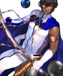  1boy absurdres agni_gandiva arjuna_(fate) bow_(weapon) brown_eyes brown_hair cape dark-skinned_male dark_skin fate/grand_order fate_(series) gloves hair_between_eyes highres holding holding_bow_(weapon) holding_weapon indian_clothes long_sleeves male_focus mash0880 short_hair simple_background solo weapon white_background white_cape white_gloves 